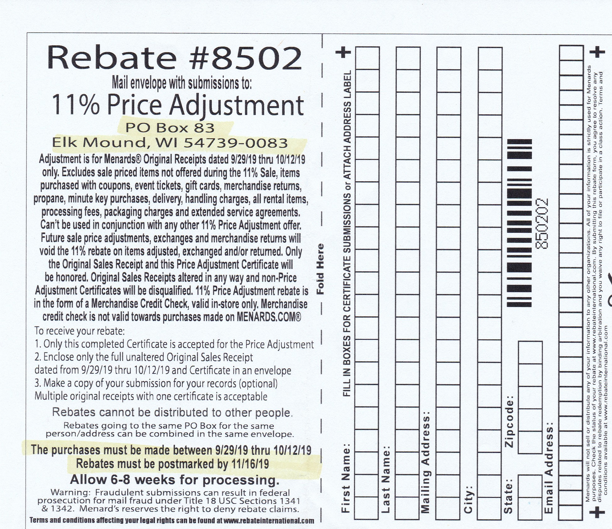 11 Rebate Form Fo 10-21-16 Site Menards.com