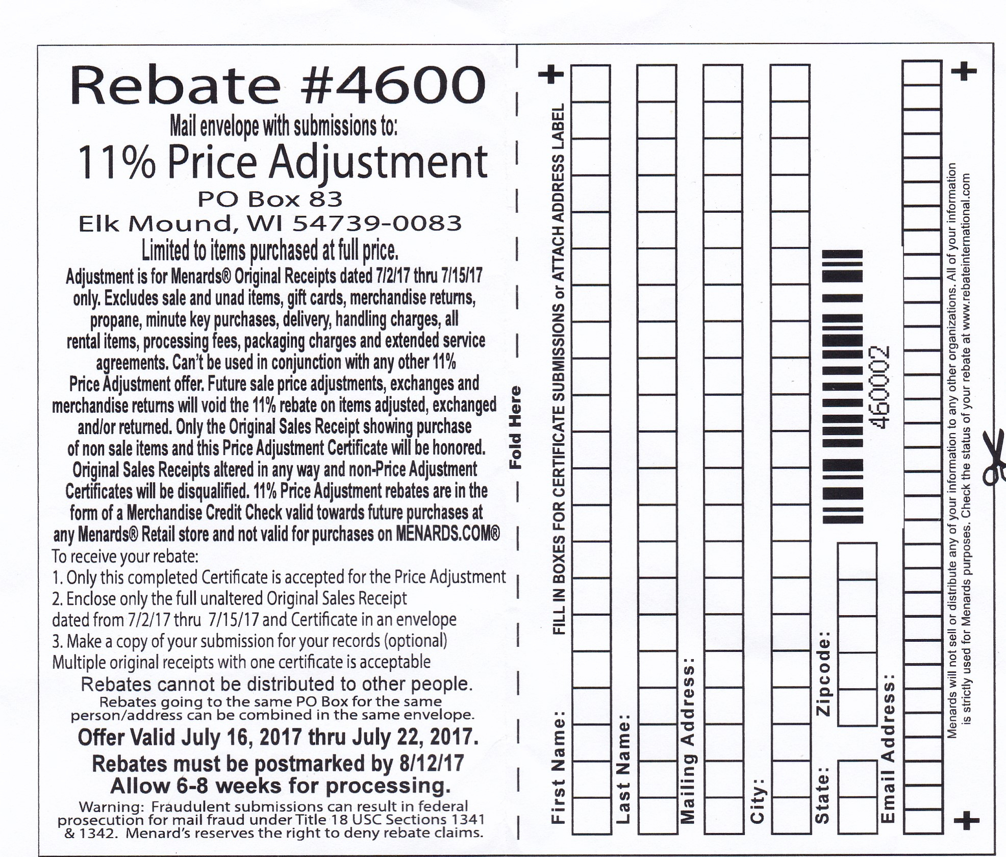 Menards 11 Price Adjustment Rebate Form 2022