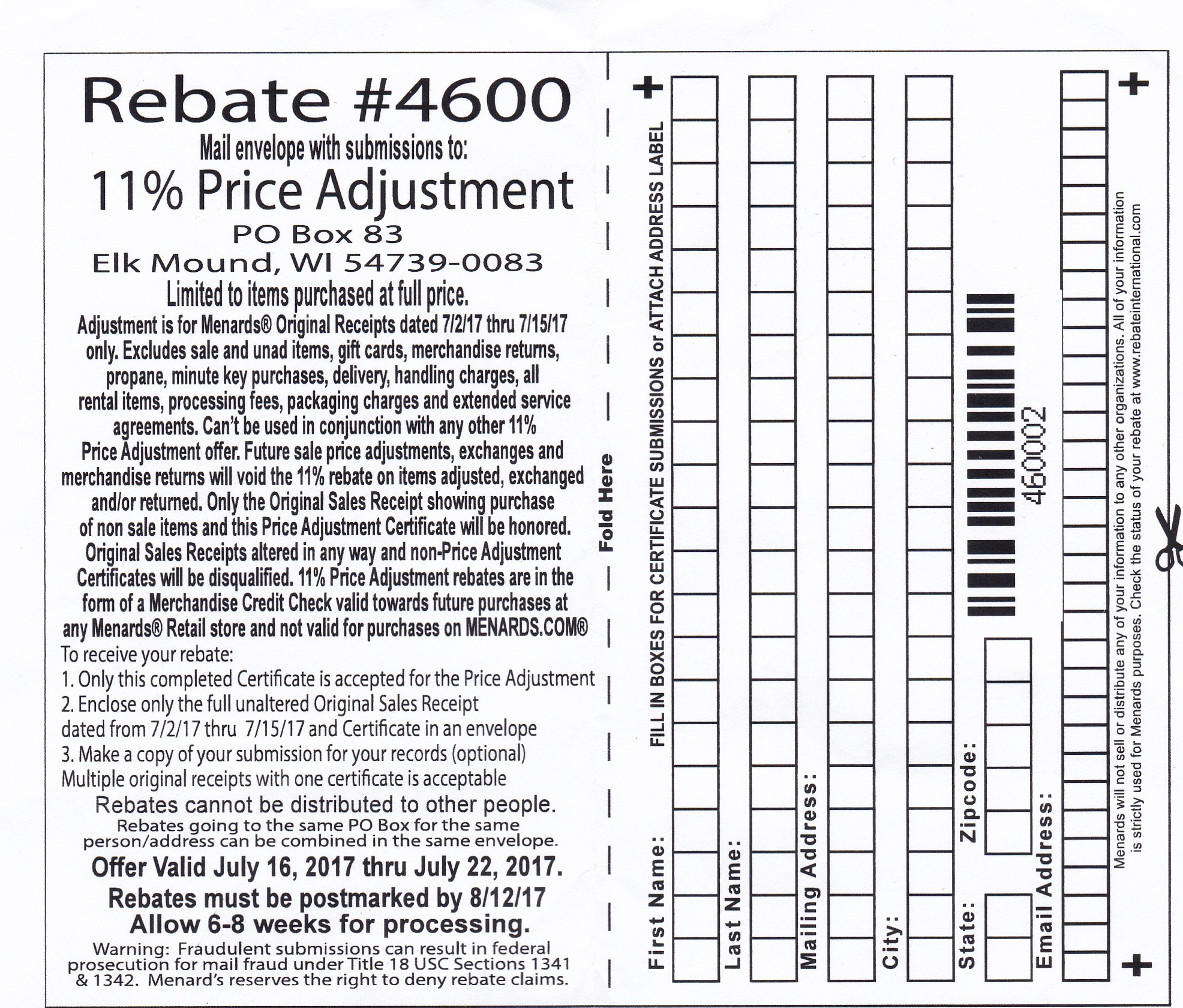 Menards 11 Price Adjustment Rebate Form November 2022