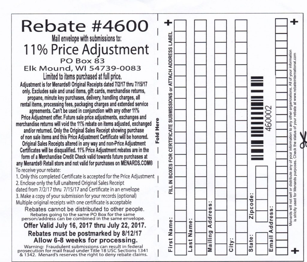 Menards Kalamazoo Last 11 Rebate Missed Sale Form