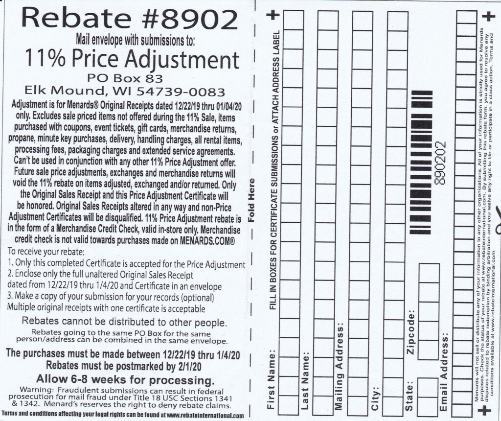 Menards Price Adjustment Rebate Form 8902