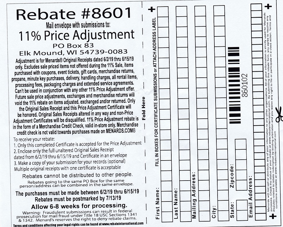 Print Menards Rebate Form 8601