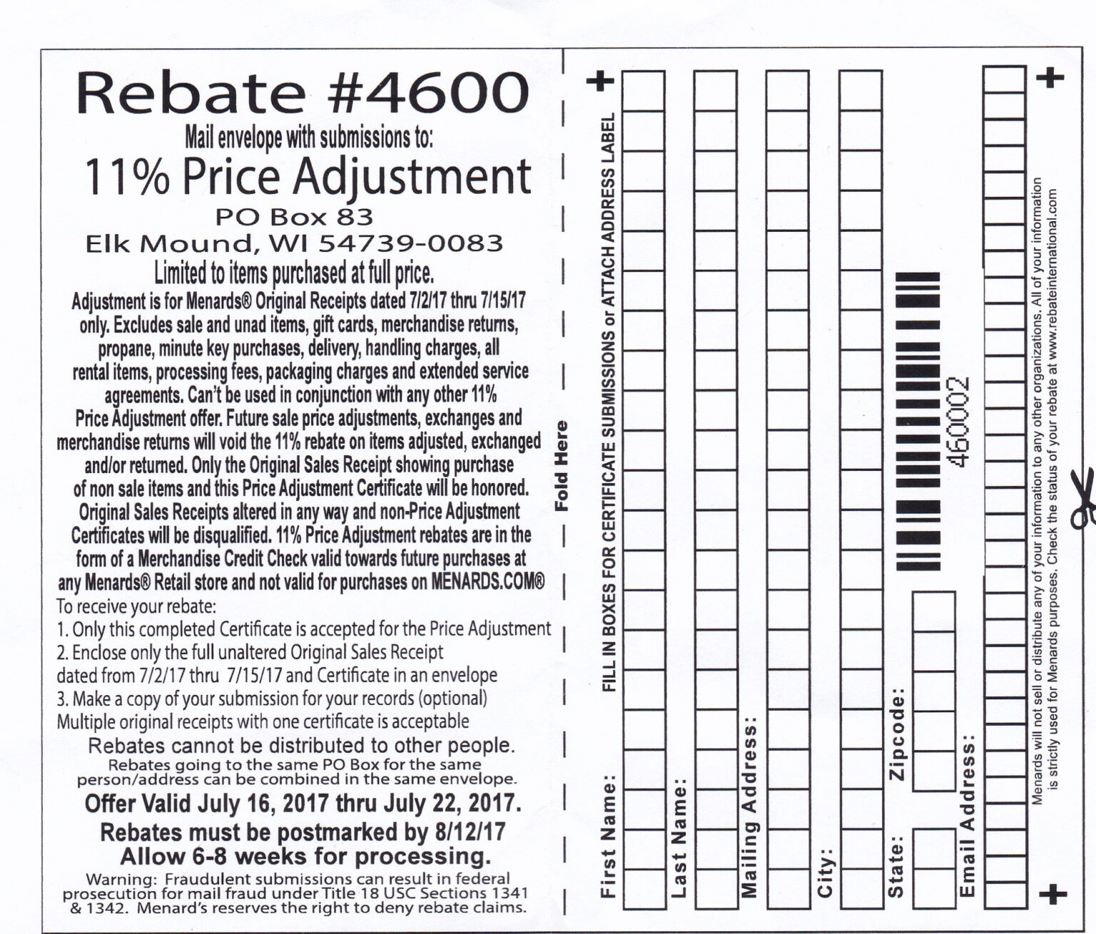 Expired Menards Rebate Forms 6197