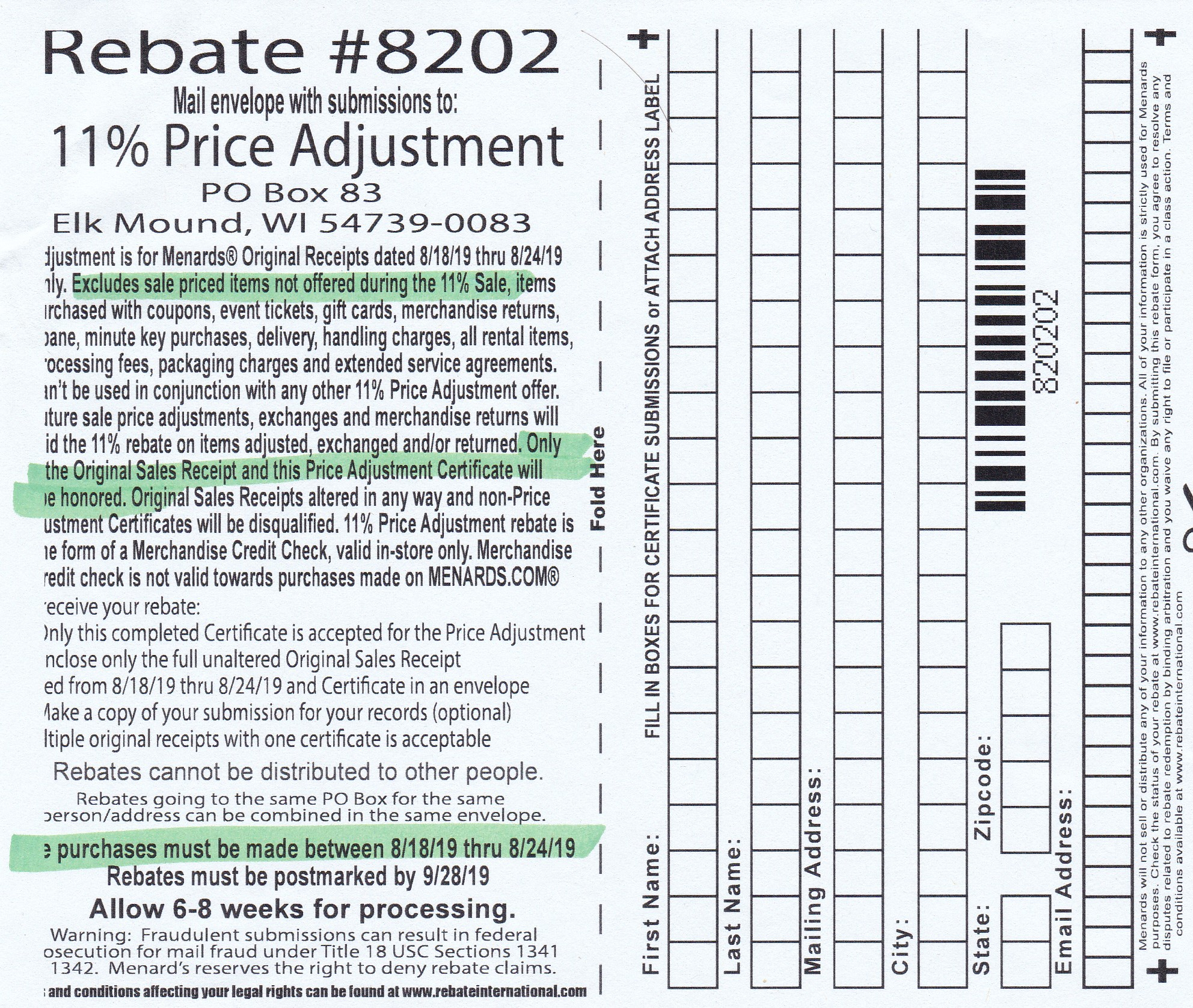 Current Menards 11 Rebate Number