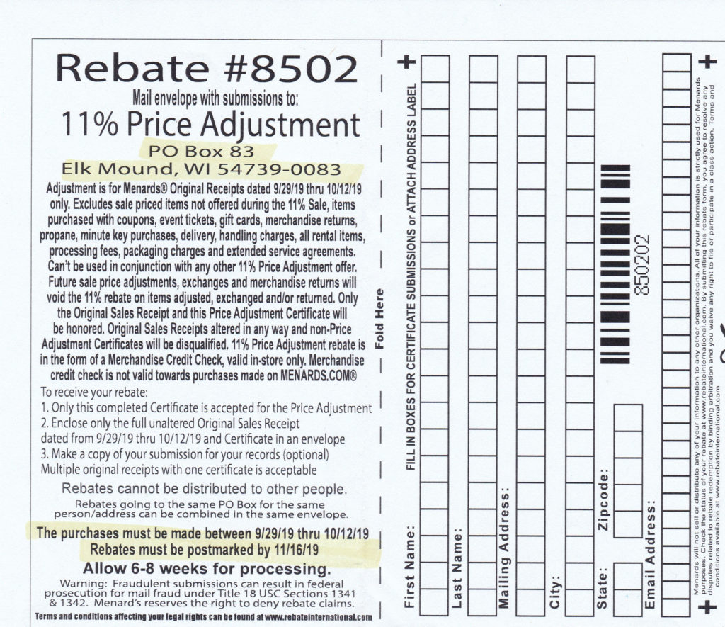 Menards Price Adjustment Rebate 8502